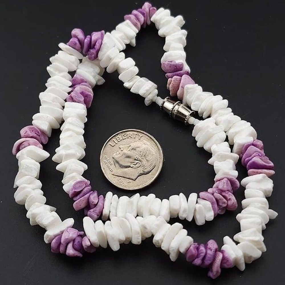 White & Purple Puka Shell Necklace‎ 16 inches surfer beach